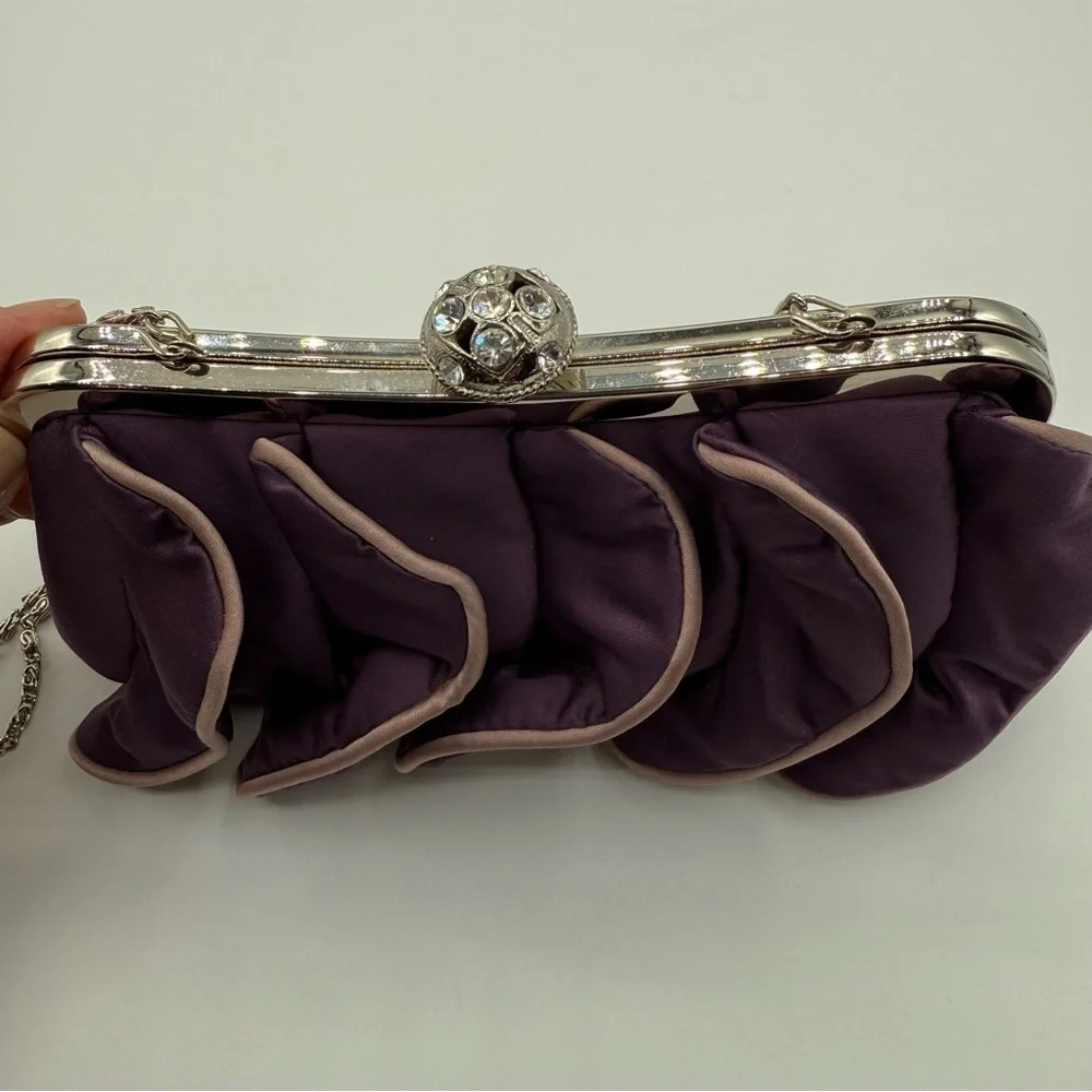 Dollhouse Satin Ruffled Front Jeweled Kiss-Lock Purple Handbag ClutchFormal Prom